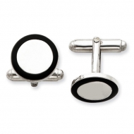 Round Shaped Sterling Silver W  Black Enamel Engravable Cufflinks