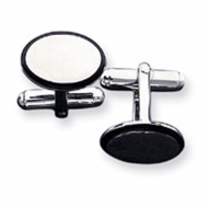 Oval Shaped Sterling Silver W  Black Enamel Engravable Cufflinks