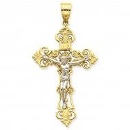 14K Two Tone Gold Fleur De Lis Crucifix Pendant