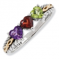Sterling Silver   14k Gold Antiqued Mothers Ring w  Three Heart Stones
