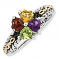 Sterling Silver   14k Gold Antiqued Mother s Ring w  Four Heart Stones