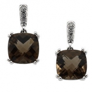Genuine Checkerboard Smoky Quartz   Diamond Earrings