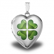 14K White Gold  Green Four Leaf Clover   Sweetheart Locket