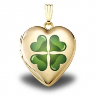 Solid 14K Yellow Gold  Green Four Leaf Clover   Sweetheart Locket