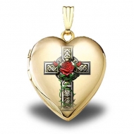 14K Yellow Gold  Celtic Cross With Rose   Sweetheart Locket