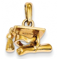 14k Solid Polished 3 Dimensional Graduation Cap with Diploma Pendant