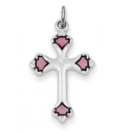 Sterling Silver Pink Enameled Budded Cross Charm