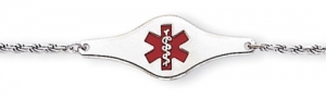 Sterling Silver Child s Medical ID Red Enamel Bracelet w  Rope Chain