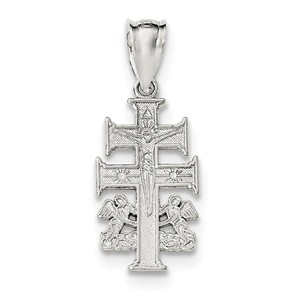 Sterling Silver Polished Caravaca Double Cross w Angels Crucifix Pendant
