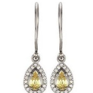 Halo Style Yellow and White Sapphire Dangle Earrings