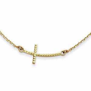14K Yellow Gold Sideways Curved Textured Cross Necklace