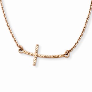 14K Rose Gold Sideways Curved Textured Cross Necklace