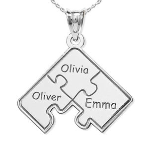 Personalized Family Three Piece Jigsaw Puzzle Pendant   18 Inch Chain Included