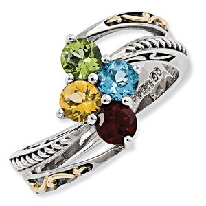Sterling Silver   14k Four stone  Antiqued Mother s Ring
