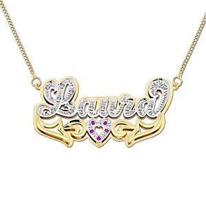 14K Yellow Gold  Script  Diamonds   Rubies Name Necklace with Box Chain