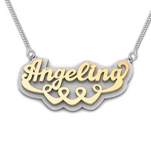 14K Yellow   White Gold Script Style Heart  Double  Name Necklace with Box Chain