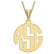 14K Yellow Gold Round Block 3 Letter Monogram Cut Out Pendant w Box Chain
