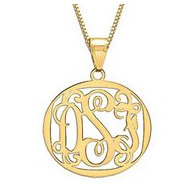 14K Yellow Gold Round Vine Script 3 Letter Monogram Cut Out Pendant w Box Chain
