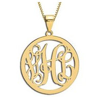 14K Yellow Gold Round Vine Script 3 Letter Monogram Cut Out Pendant w Box Chain