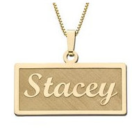 14K Yellow Script Style Horizontal Rectangle Name Necklace Exclusive with Box Chain