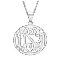 14K White Gold Round Vine Script 3 Letter Monogram Cut Out Pendant w Box Chain