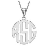 14K White Gold Round Block 3 Letter Monogram Cut Out Pendant w Box Chain
