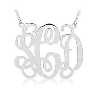14K White Gold Outlined Vine Script 3 Letter Monogram Cut Out Pendant w Box Chain