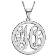 14K White Gold Round Vine Script 3 Letter Monogram Cut Out Pendant w Box Chain
