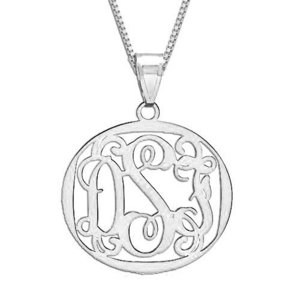 Sterling Silver Round Vine Script 3 Letter Monogram Cut Out Pendant with Box Chain