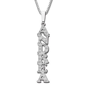 Sterling Silver Block Vertical Name Necklace w  Star Accents and Box Chain
