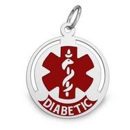 Sterling Silver Round Diabetic Medical ID Charm or Pendant W Red