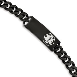 Stainless Steel Polished Black Medical 8 Inch Bracelet ID with White Enamel