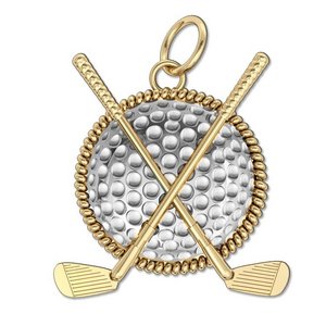 Two Tone Golf Ball   Clubs Round Rope Frame Golf Jewelry Pendant or Charm