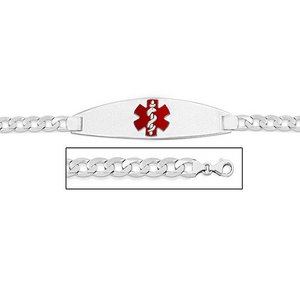 Sterling Silver Medical ID Bracelet w  Curb Chain W  Red Enamel