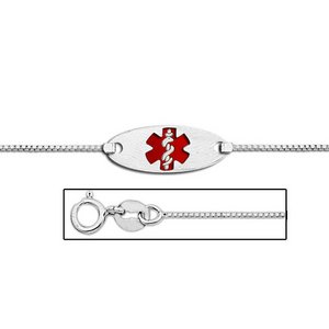 Sterling Silver Medical ID Anklet Bracelet W  Box Chain W  Red Enamel