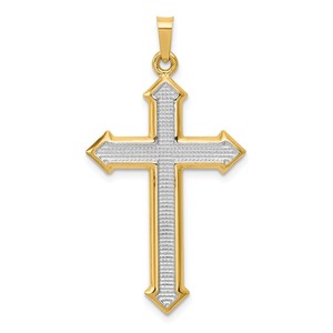 14k w Rhodium Polished and Textured Passion Cross Pendant