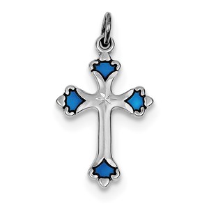 Sterling Silver Rhodium plated Blue Enameled Budded Cross Charm