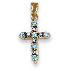 14k Blue Topaz   Diamond Cross Pendant