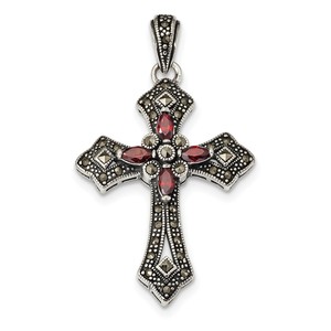 Sterling Silver Red CZ   Marcasite Cross Pendant