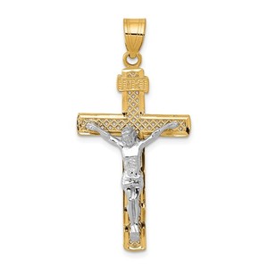14K Two tone D C Large Block Lattice Cross w Crucifix Pendant