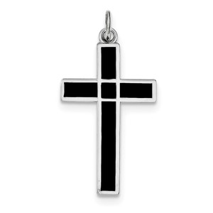 Sterling Silver Rhodium plated Brshed   Polished Enml Black Cross Pendant