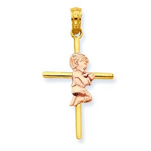 14k Two Tone Praying Boy Cross Pendant