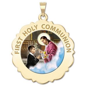 First Holy Communion Scalloped Round Religious Medal  Boy   Color EXCLUSIVE 