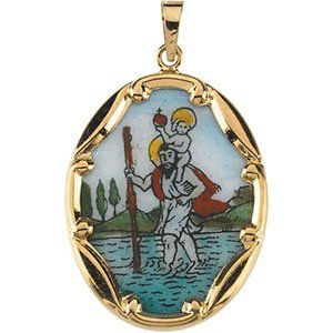 14K Gold and Porcelain Saint Christopher Religious Medal