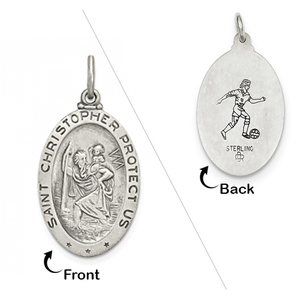 Sterling Silver Saint Christopher Double Sided Soccer Oval Religious Medal