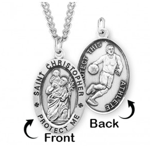 Sterling Silver Saint Christopher Double Sided Basketball Oval Religious Medal w  Chain