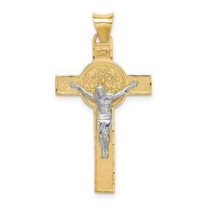 14k Two Tone St  Benedict Medal Crucifix Cross Pendant