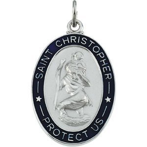 Sterling Silver Saint Christopher Religious Medal Necklace with Blue Epoxy