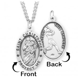 Sterling Silver Saint Christopher Double Sided Baseball Oval Religious Medal w  Chain