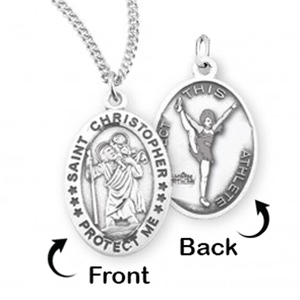 Sterling Silver Saint Christopher Double Sided Female Cheerleader Oval Religious Medal w  Chain